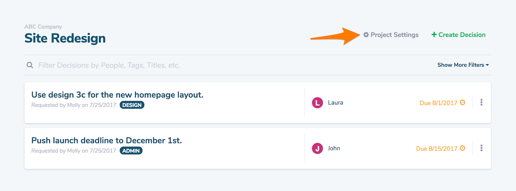 Project settings page button